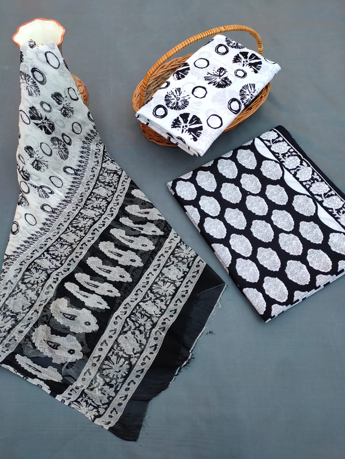 Hand Block Printed Unstitched Cotton Suit Set With Chiffon Dupatta - JB667