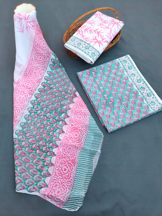 Jaipuri Unstitched Dress Material Hand Block Printed Cotton Suit With Chiffon Dupatta - JB669