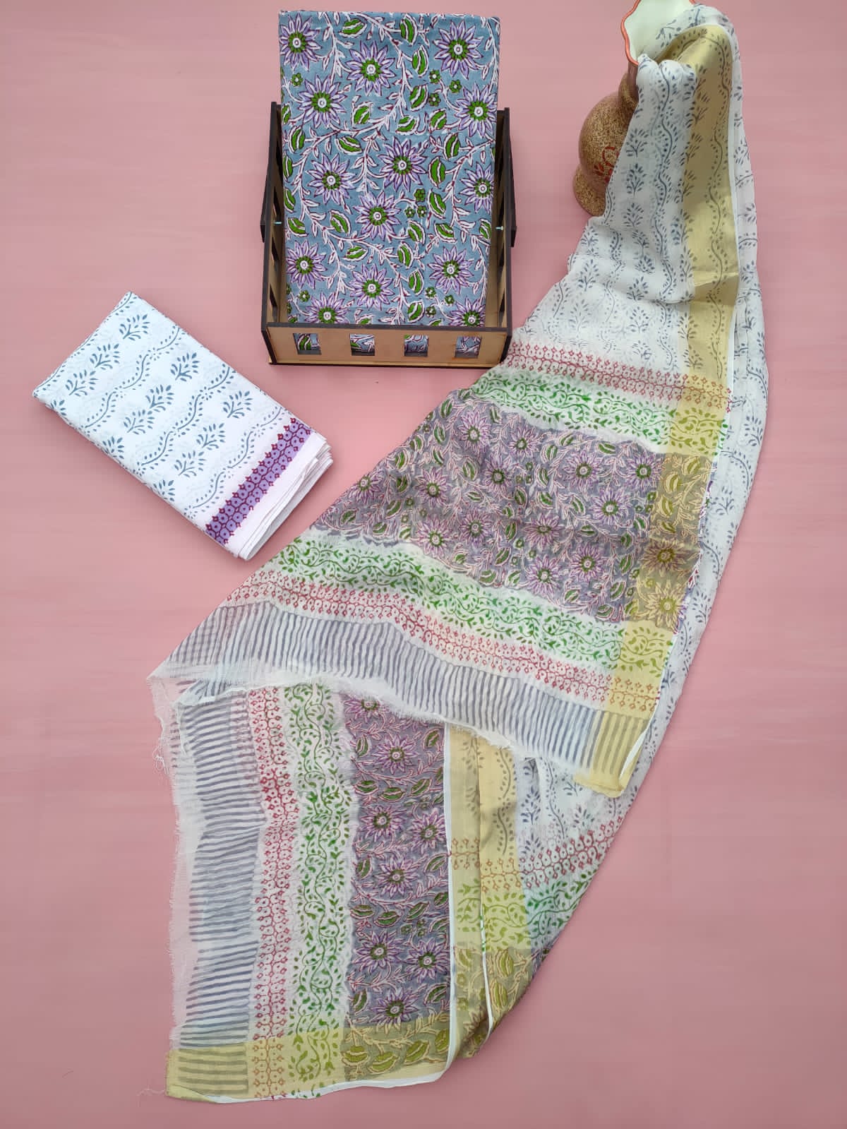 Hand Block Printed Unstitched Cotton Suit Set With Chiffon Dupatta - JB607