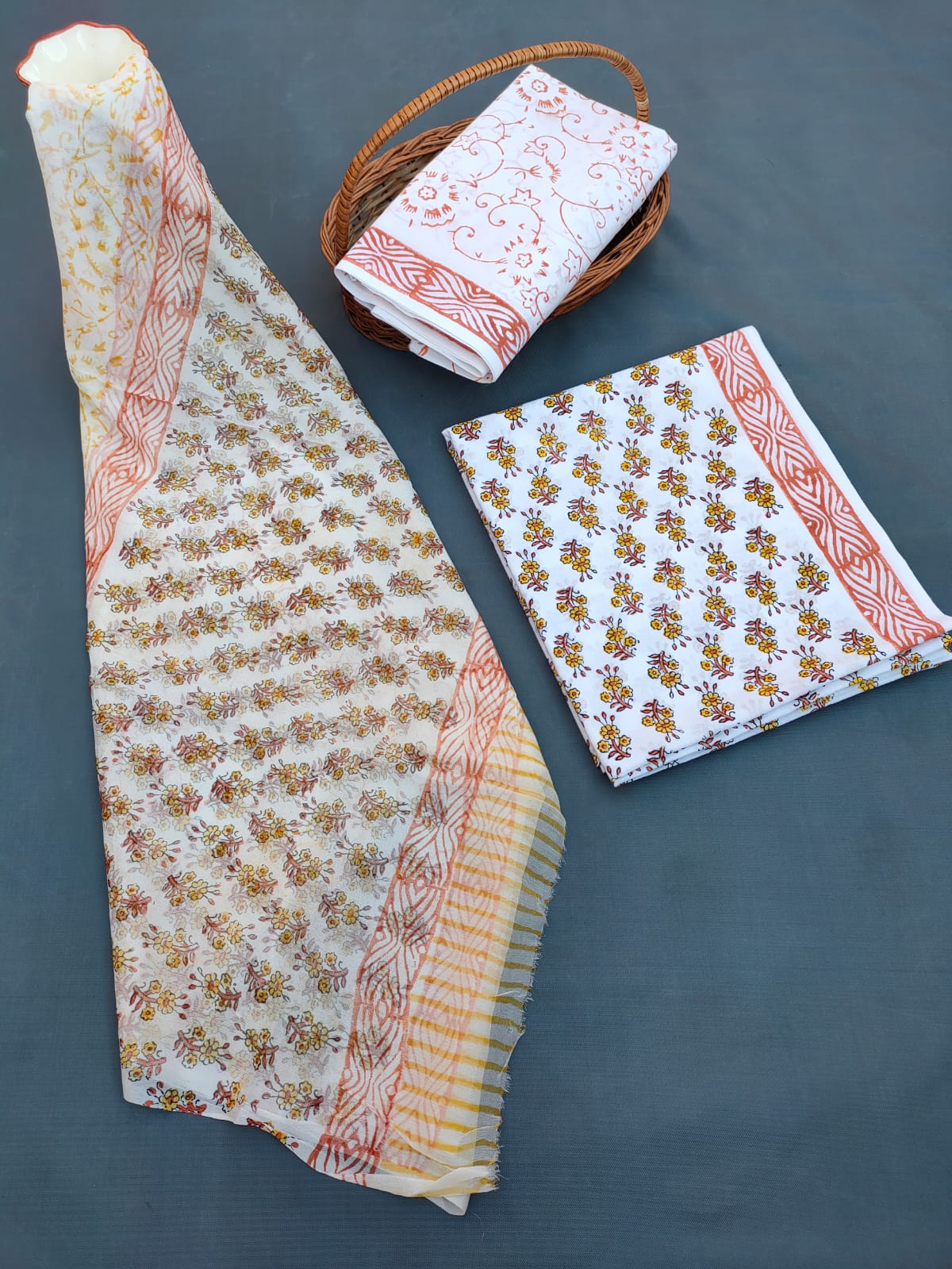 Hand Block Printed Unstitched Cotton Suit Set With Chiffon Dupatta - JB670