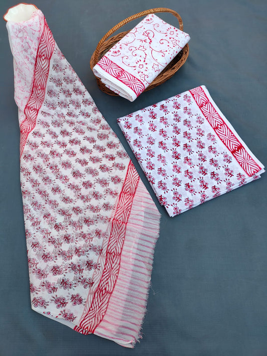 Jaipuri Hand Block Printed CottonUnstitched Salwar Suit with Chiffon Dupatta - JB671