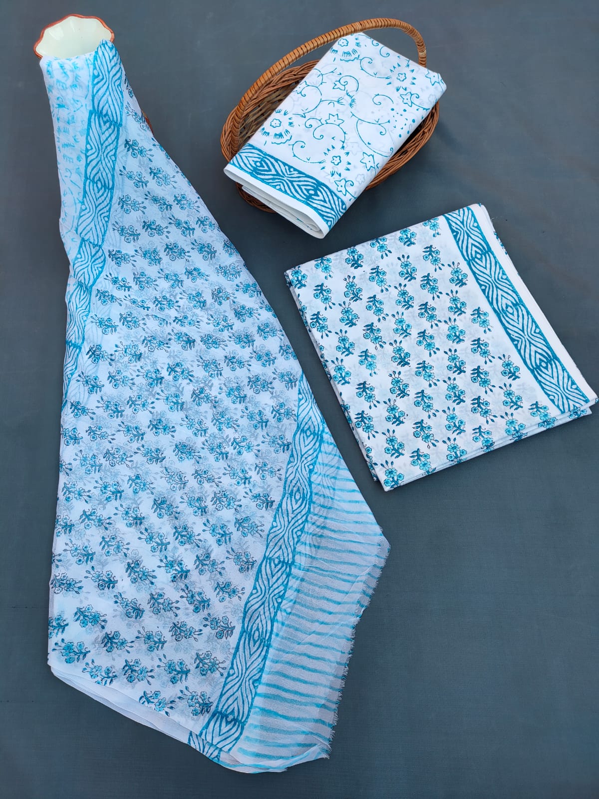 Jaipuri Unstitched Dress Material Hand Block Printed Cotton Suit With Chiffon Dupatta - JB672