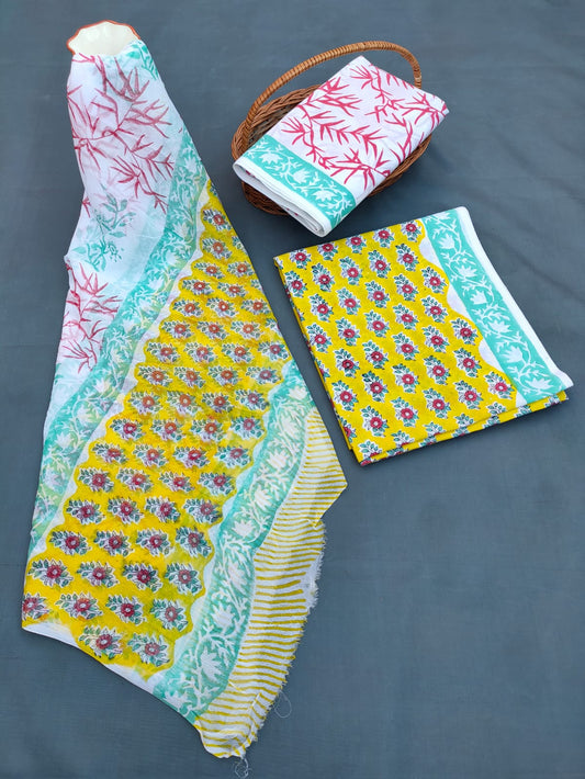 Hand Block Printed Unstitched Cotton Suit Set With Chiffon Dupatta - JB673