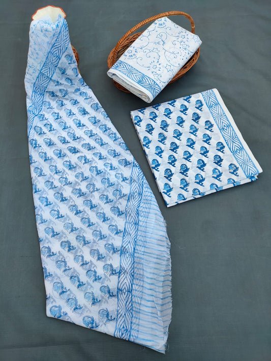 Jaipuri Unstitched Dress Material Hand Block Printed Cotton Suit With Chiffon Dupatta - JB678