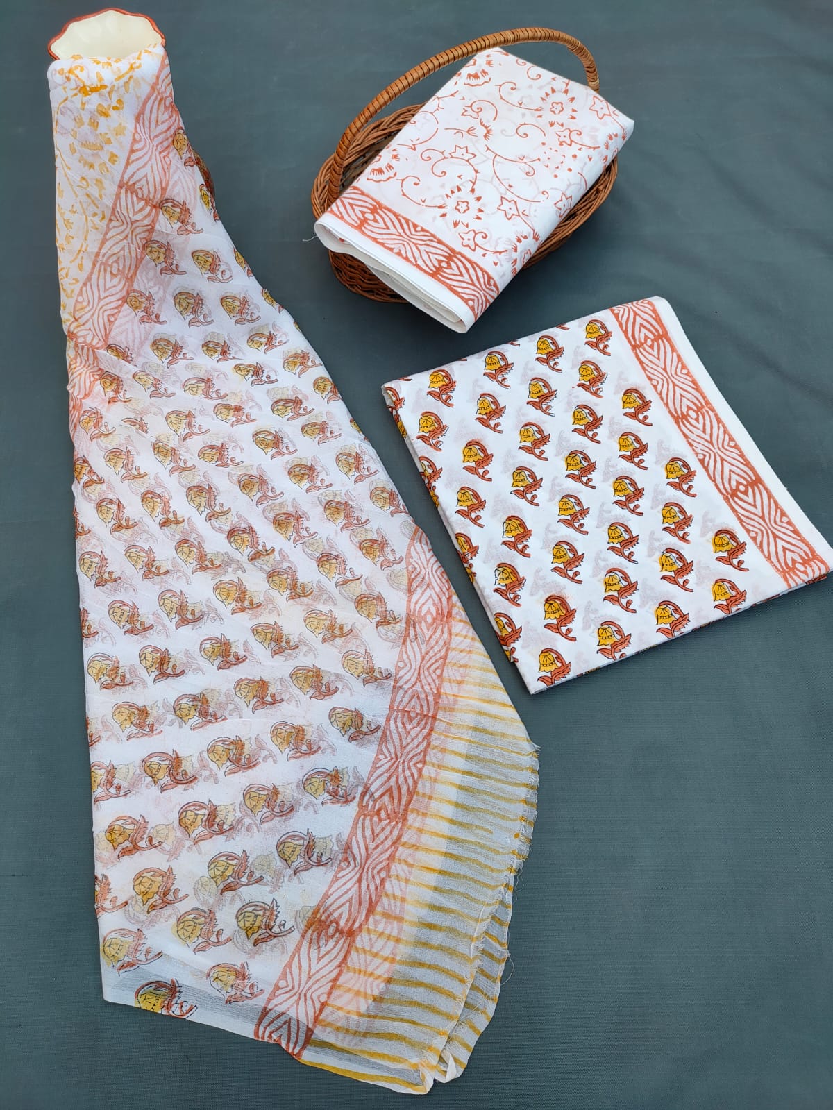 Hand Block Printed Unstitched Cotton Suit Set With Chiffon Dupatta - JB679
