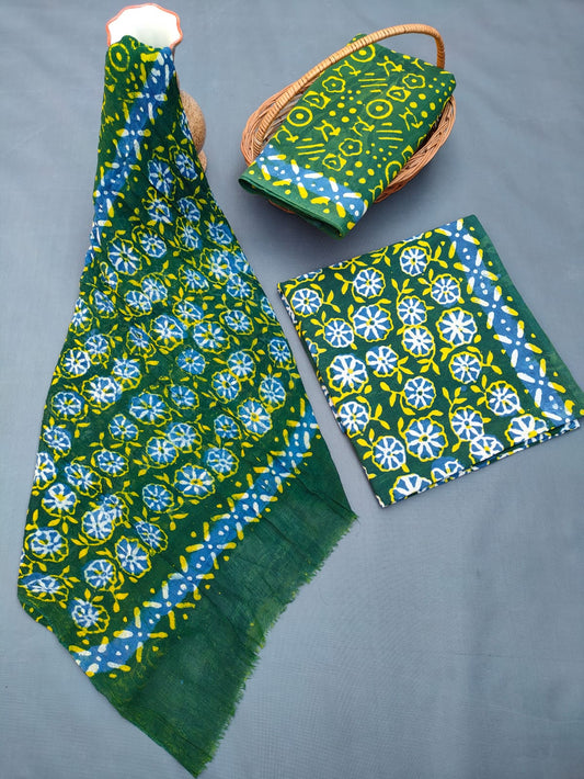 Jaipuri Hand Block Printed CottonUnstitched Salwar Suit with Chiffon Dupatta - JB680
