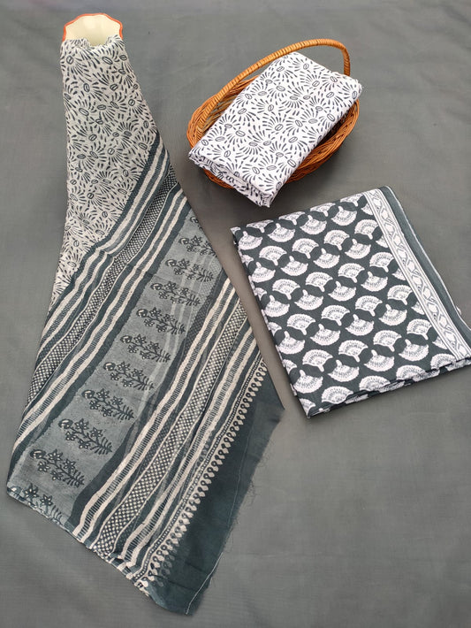 Jaipuri Unstitched Dress Material Hand Block Printed Cotton Suit With Chiffon Dupatta - JB681