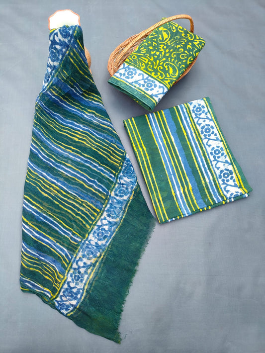 Hand Block Printed Unstitched Cotton Suit Set With Chiffon Dupatta - JB682