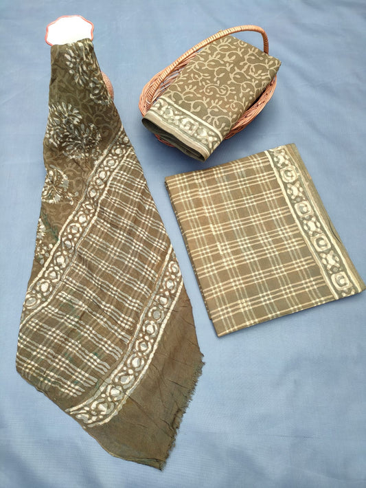 Hand Block Printed Unstitched Cotton Suit Set With Chiffon Dupatta - JB685