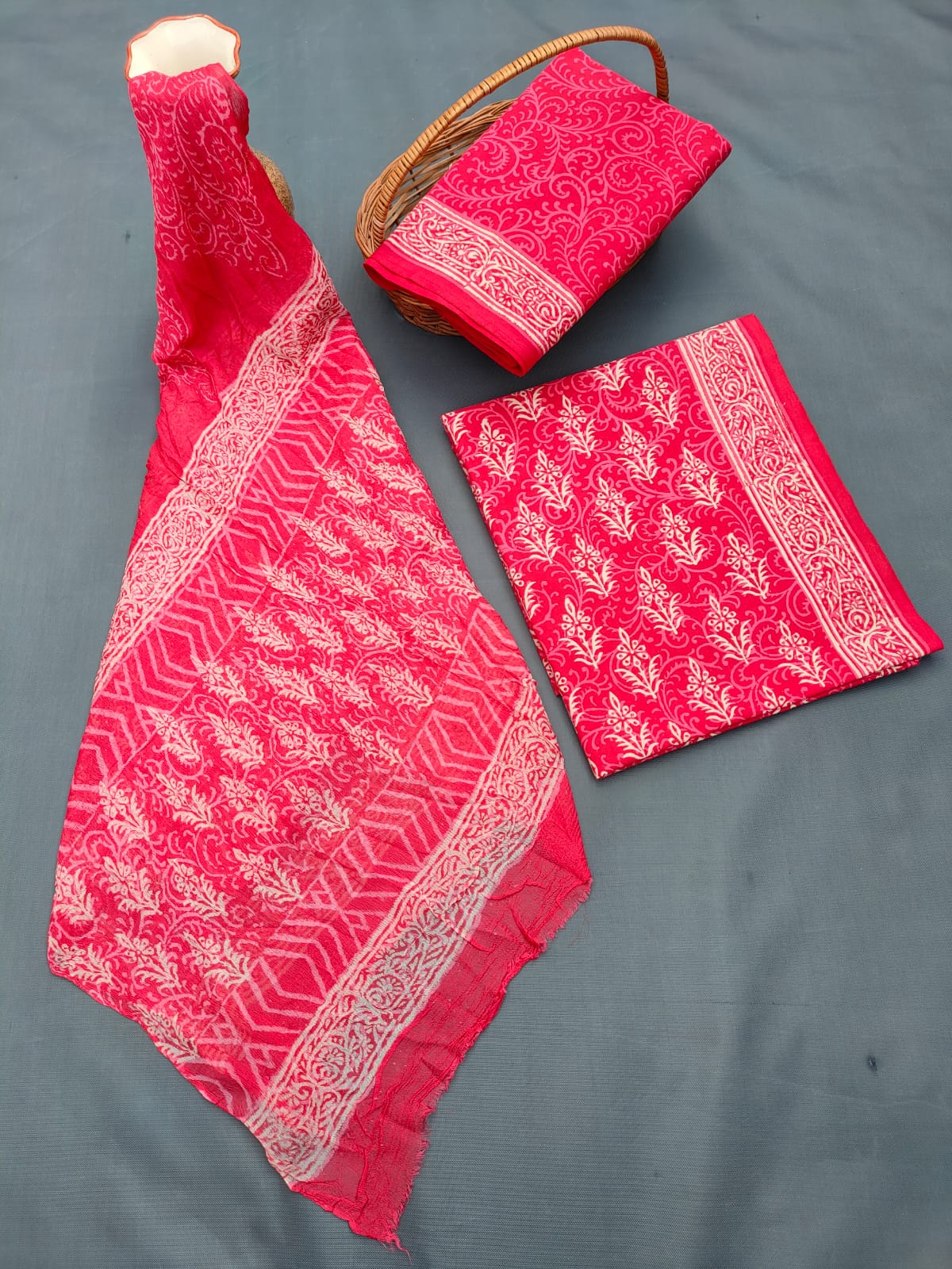 Jaipuri Unstitched Dress Material Hand Block Printed Cotton Suit With Chiffon Dupatta - JB687