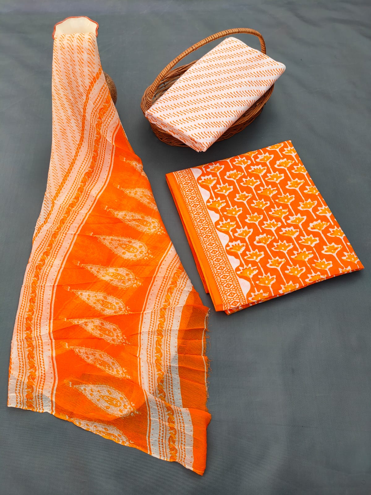 Hand Block Printed Unstitched Cotton Suit Set With Chiffon Dupatta - JB688