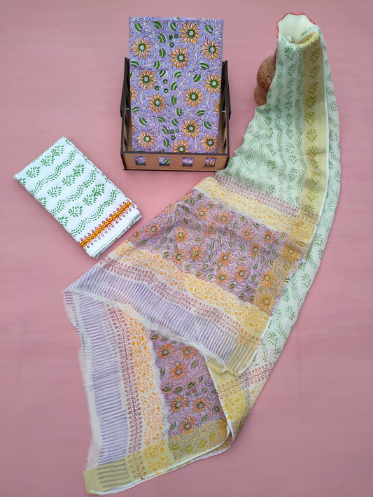 Jaipuri Unstitched Dress Material Hand Block Printed Cotton Suit With Chiffon Dupatta - JB609