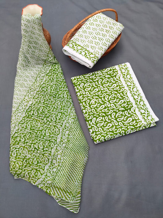 Jaipuri Unstitched Dress Material Hand Block Printed Cotton Suit With Chiffon Dupatta - JB690