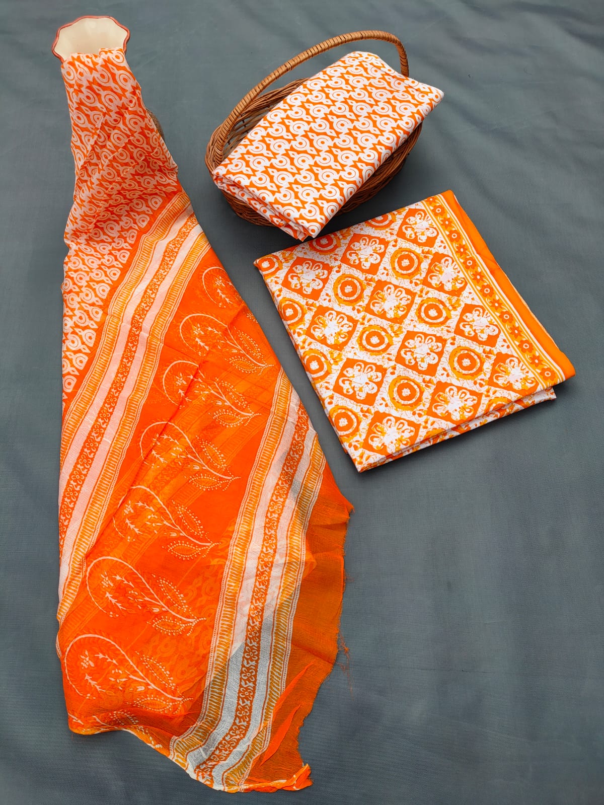 Jaipuri Unstitched Dress Material Hand Block Printed Cotton Suit With Chiffon Dupatta - JB691