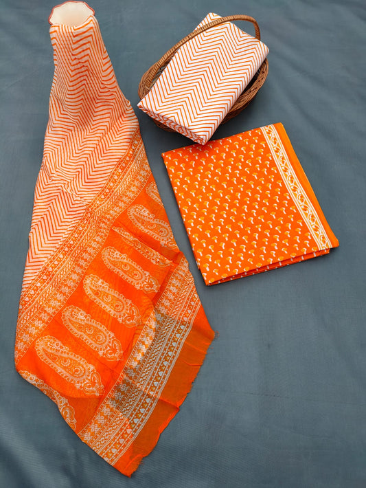Hand Block Printed Unstitched Cotton Suit Set With Chiffon Dupatta - JB692