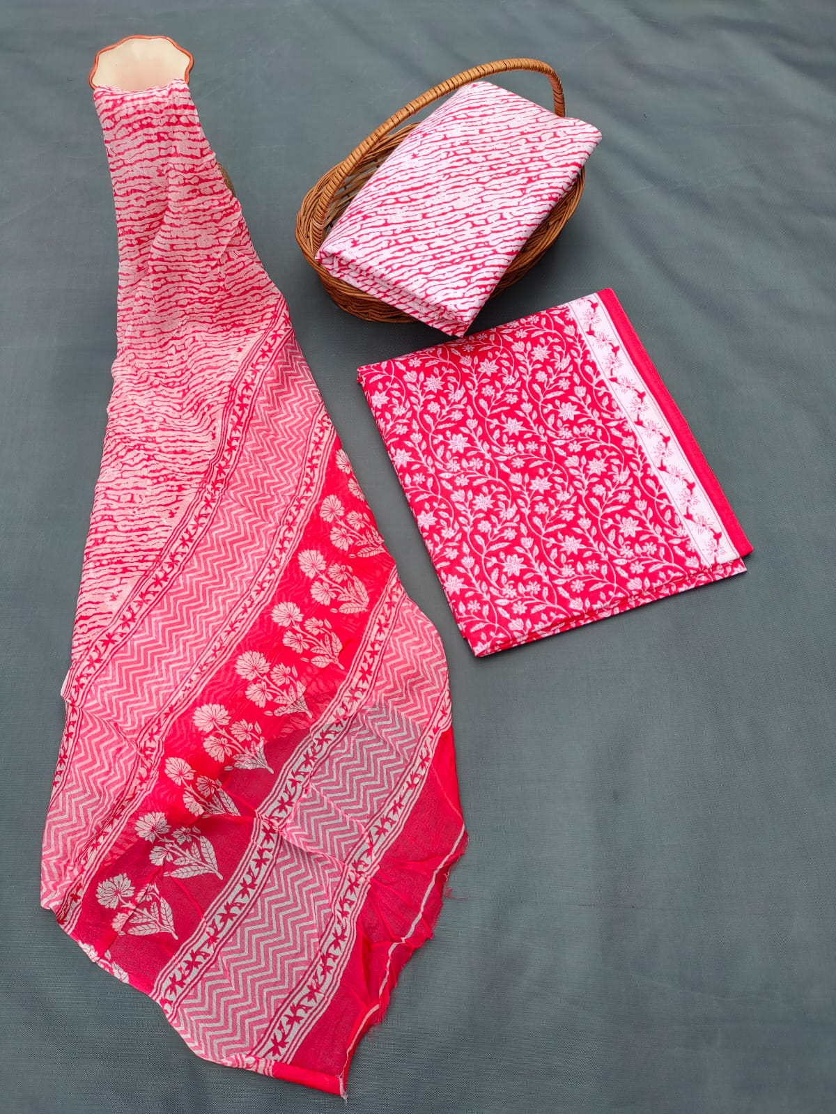 Jaipuri Hand Block Printed CottonUnstitched Salwar Suit with Chiffon Dupatta - JB693