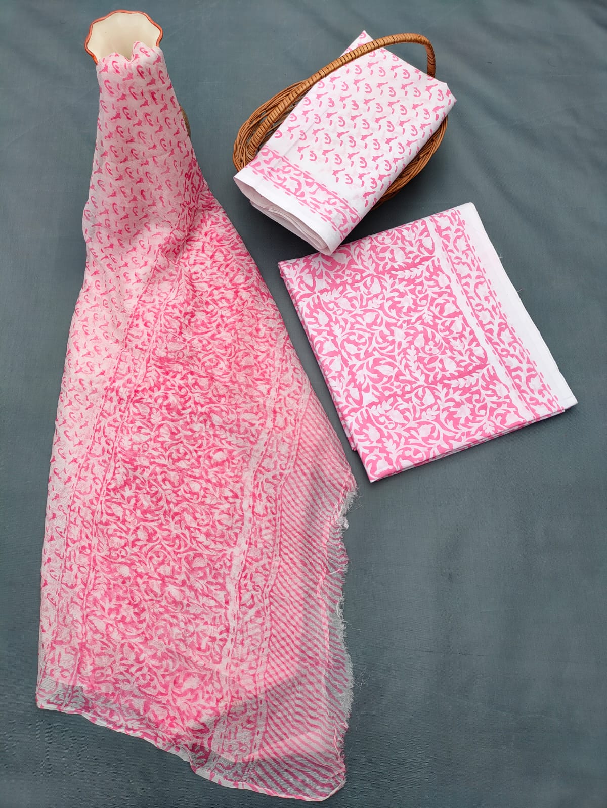 Jaipuri Unstitched Dress Material Hand Block Printed Cotton Suit With Chiffon Dupatta - JB694