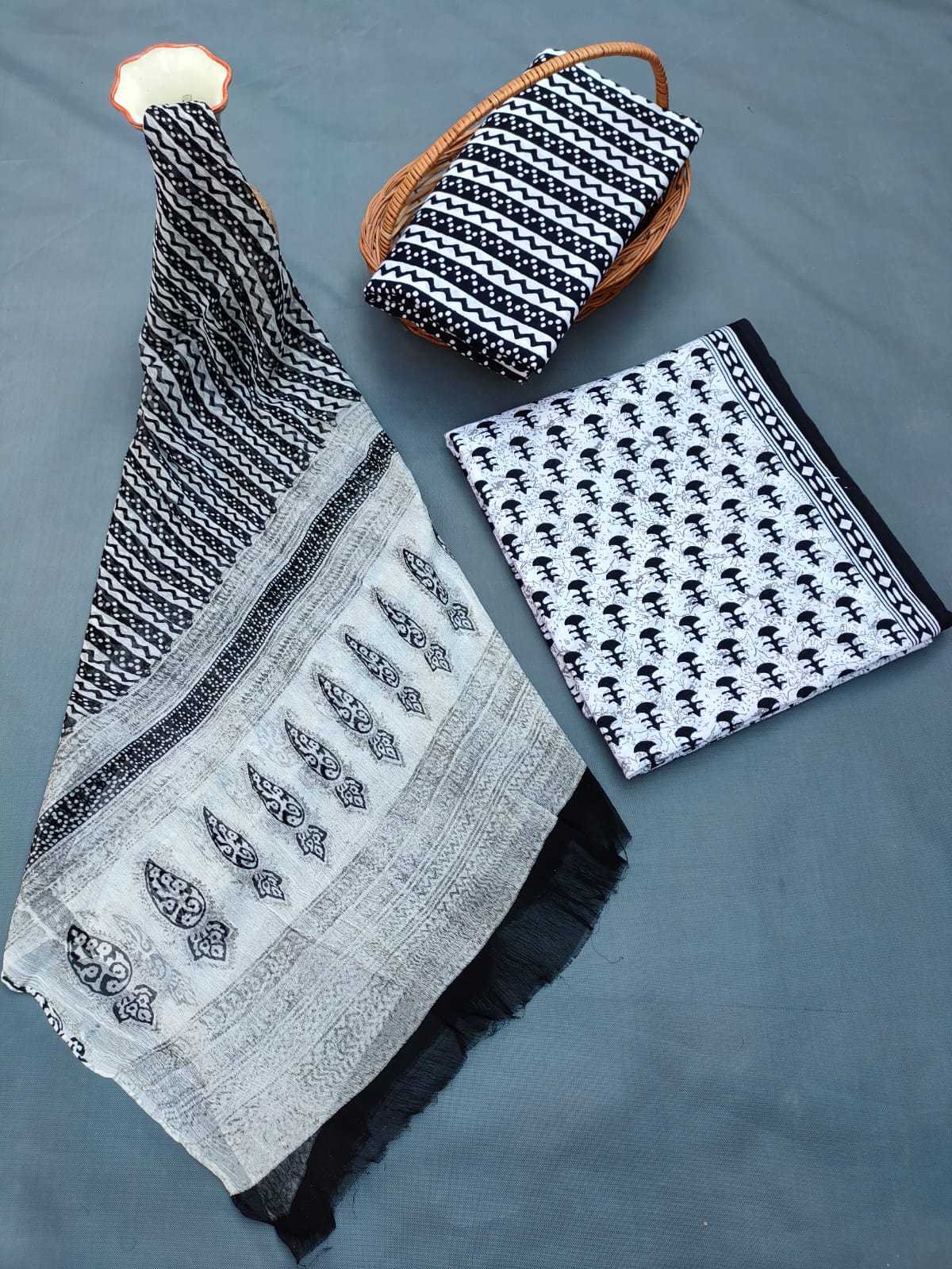 Hand Block Printed Unstitched Cotton Suit Set With Chiffon Dupatta - JB695