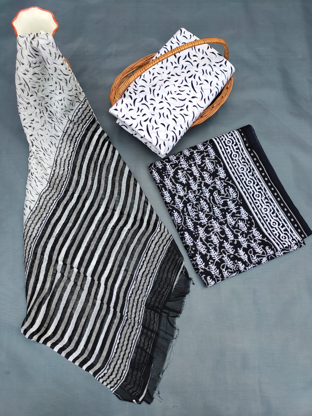 Hand Block Printed Unstitched Cotton Suit Set With Chiffon Dupatta - JB698