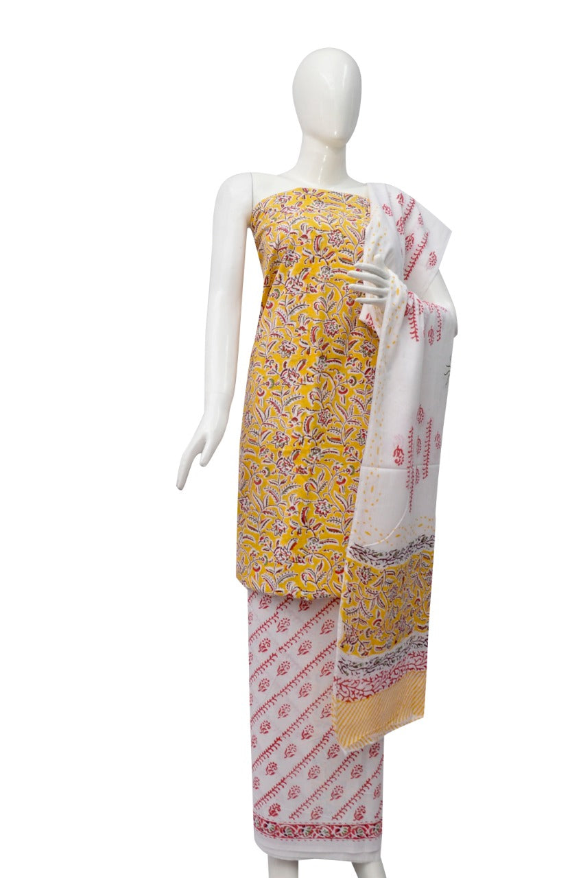 Floral Block Print Salwar suits with Mulmul Dupatta - JB340