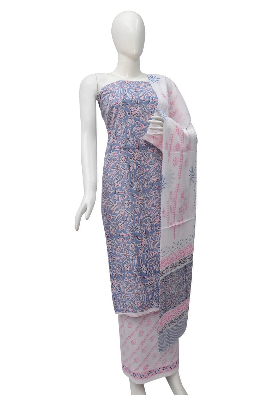 Floral Block Print Salwar suits with Mulmul Dupatta - JB339