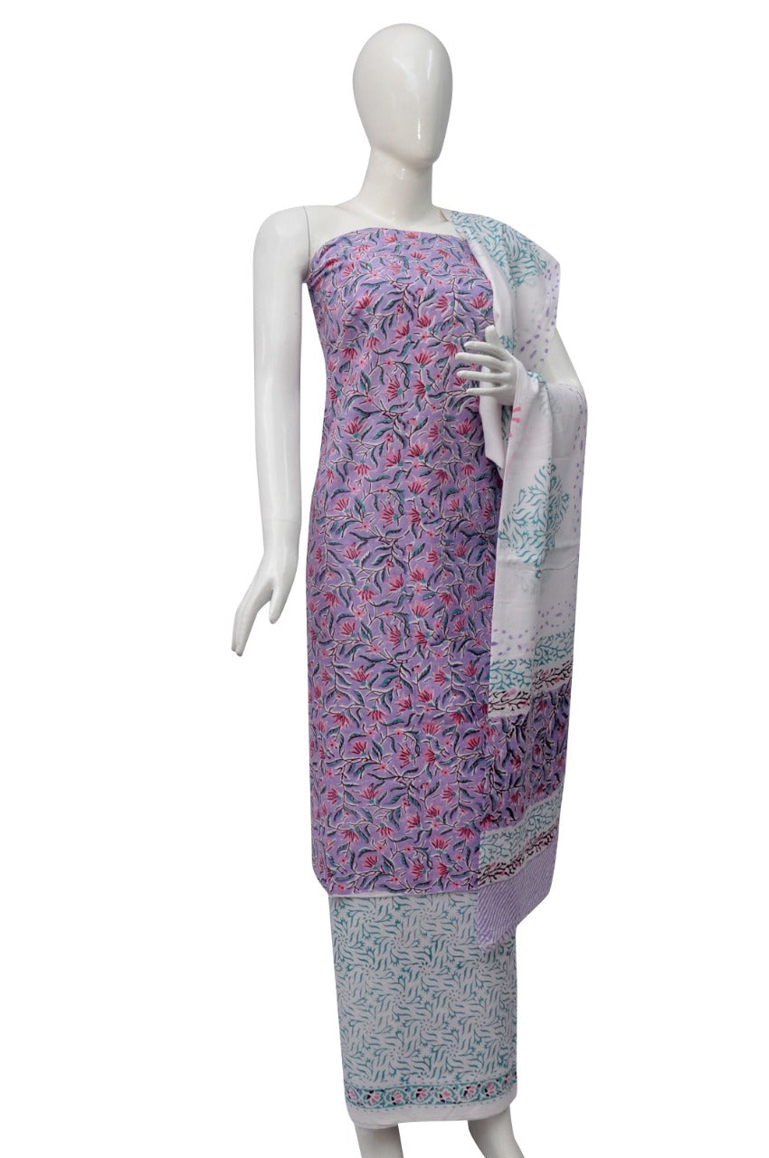 Floral Block Print Salwar suits with Mulmul Dupatta - JB346