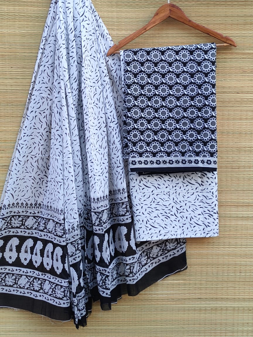 Hand Block Cotton Unstitched Salwar Suit With Cotton/Mulmul Dupatta - JB442
