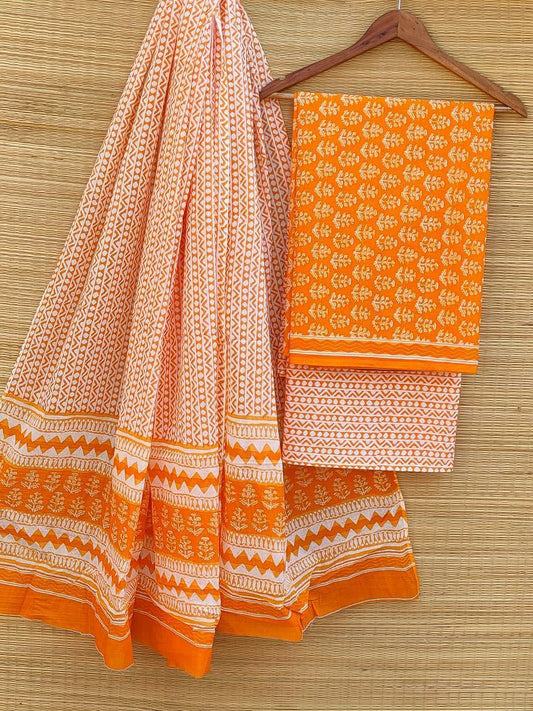 Hand Block Printed Pure Cotton Unstitched Salwar Suit Set With Cotton/Mulmul Dupatta - JBCM451