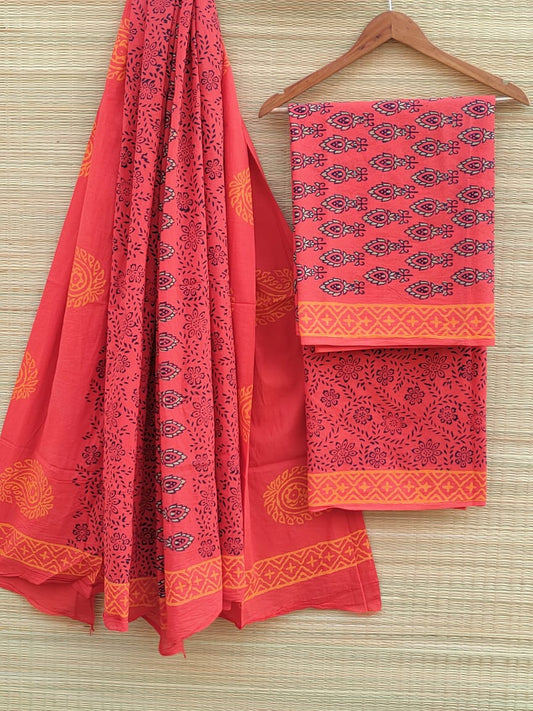 Hand Block Cotton Unstitched Salwar Suit With Cotton/Mulmul Dupatta - JBCM541
