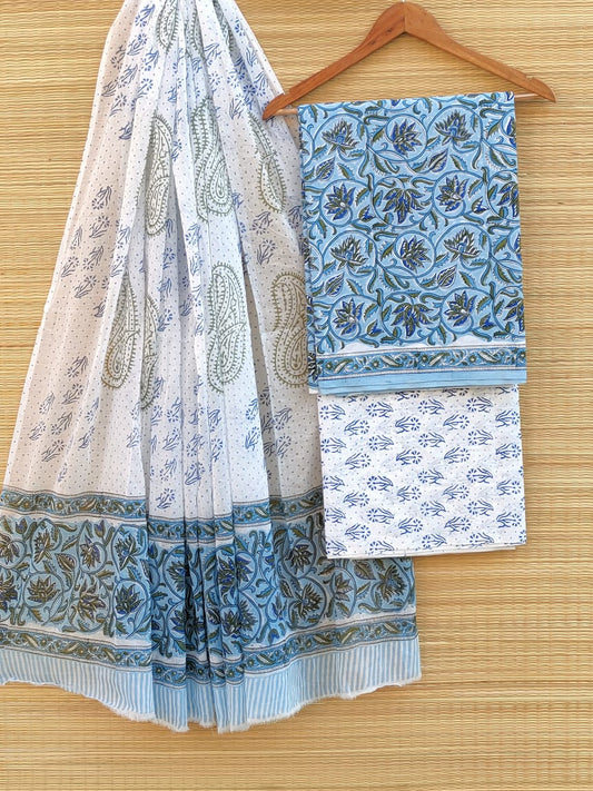Hand Block Cotton Unstitched Salwar Suit With Cotton/Mulmul Dupatta - JBCM542