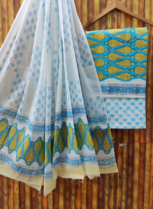 Hand Block Cotton Unstitched Salwar Suit With Cotton/Mulmul Dupatta - JBCM545