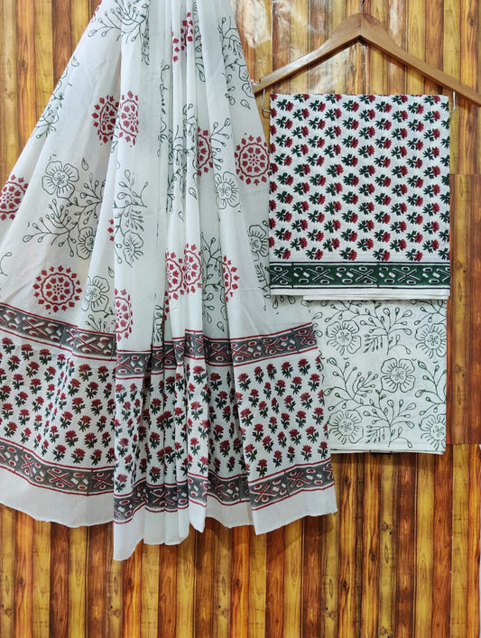 Hand Block Cotton Unstitched Salwar Suit With Cotton/Mulmul Dupatta - JBCM546