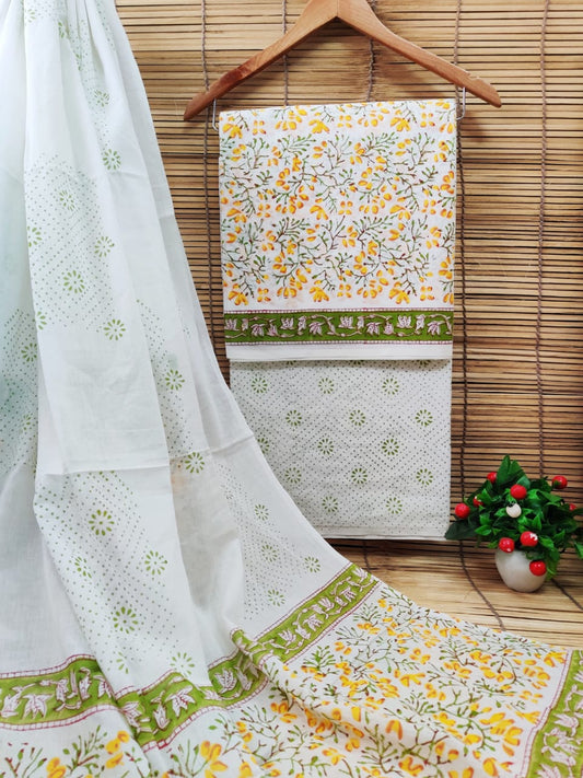 Hand Block Cotton Unstitched Salwar Suit With Cotton/Mulmul Dupatta - JBCM549