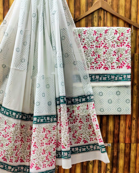 Hand Block Cotton Unstitched Salwar Suit With Cotton/Mulmul Dupatta - JBCM550