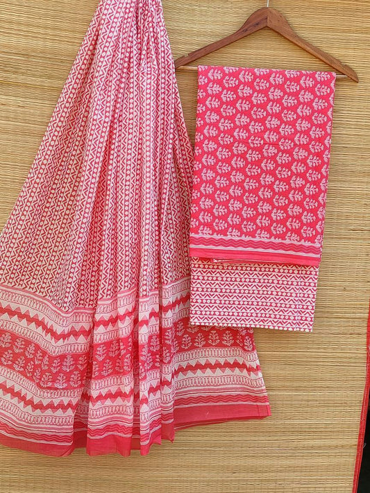 Pure Cotton Hand Block Printed Unstitched Salwar Suit Set With Cotton/Mulmul Dupatta - JBCM452