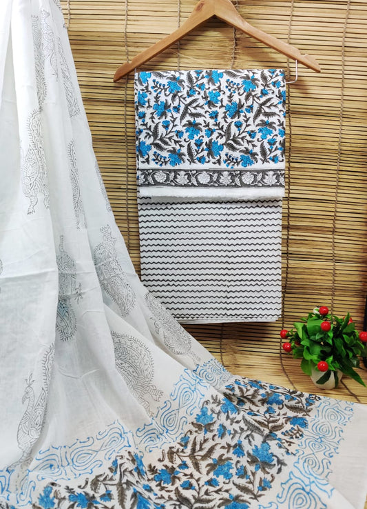 Hand Block Printed Pure Cotton Unstitched Salwar Suit Set With Cotton/Mulmul Dupatta - JBCM551