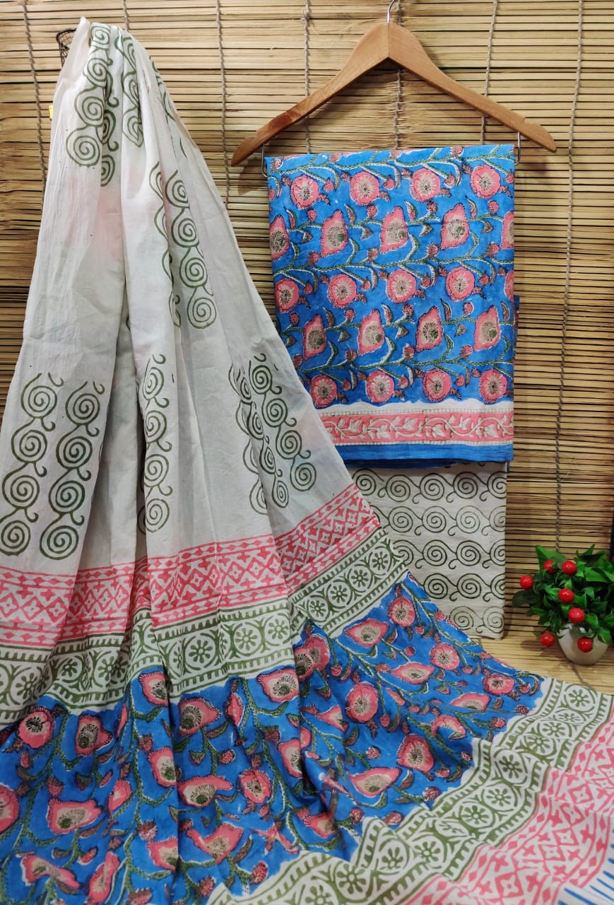 Pure Cotton Hand Block Printed Unstitched Salwar Suit Set With Cotton/Mulmul Dupatta - JBCM552