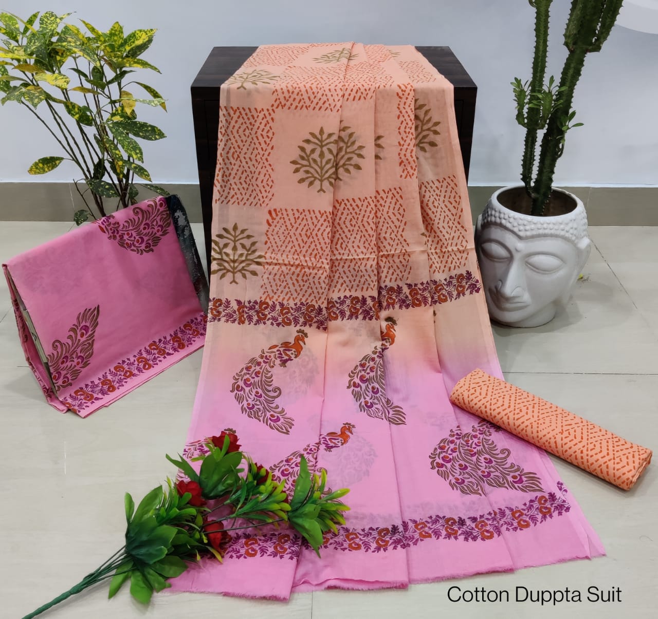Hand Block Cotton Unstitched Salwar Suit With Cotton/Mulmul Dupatta - JBCM553