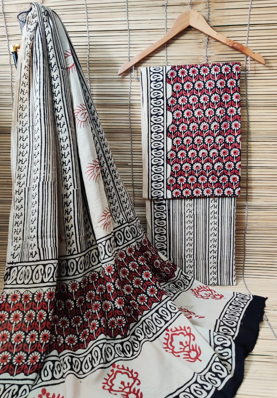 Hand Block Cotton Unstitched Salwar Suit With Cotton/Mulmul Dupatta - JBCM554