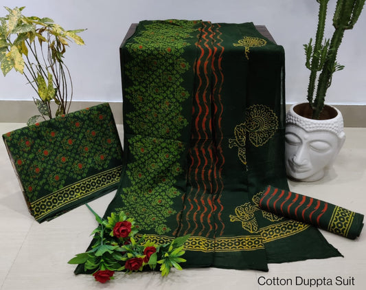 Pure Cotton Hand Block Printed Unstitched Salwar Suit Set With Cotton/Mulmul Dupatta - JBCM560
