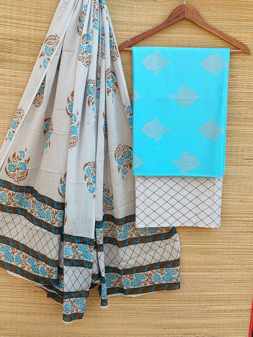 Hand Block Cotton Unstitched Salwar Suit With Cotton/Mulmul Dupatta - JBCM453