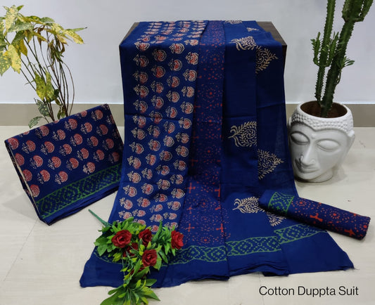 Hand Block Cotton Unstitched Salwar Suit With Cotton/Mulmul Dupatta - JBCM562