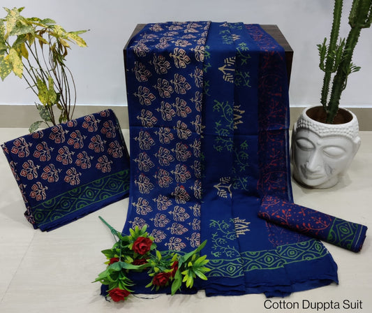 Hand Block Printed Pure Cotton Unstitched Salwar Suit Set With Cotton/Mulmul Dupatta - JBCM563