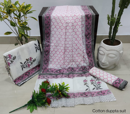 Pure Cotton Hand Block Printed Unstitched Salwar Suit Set With Cotton/Mulmul Dupatta - JBCM564