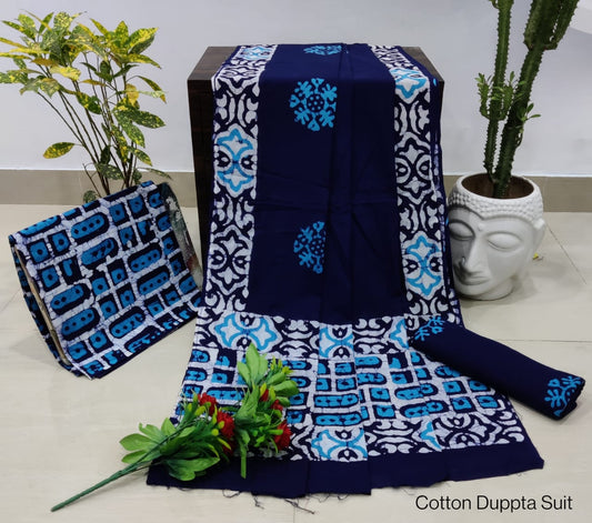 Hand Block Cotton Unstitched Salwar Suit With Cotton/Mulmul Dupatta - JBCM566
