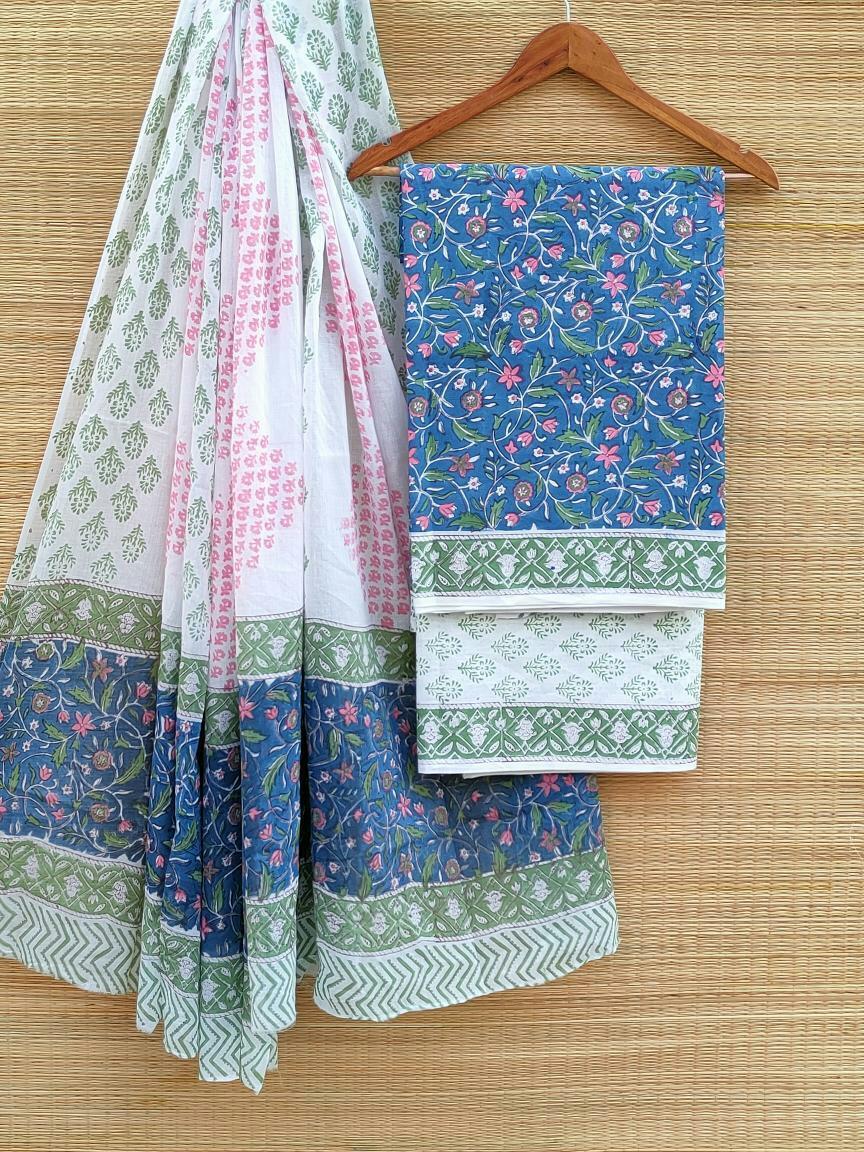 Hand Block Printed Pure Cotton Unstitched Salwar Suit Set With Cotton/Mulmul Dupatta - JBCM567