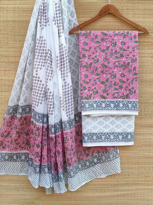 Pure Cotton Hand Block Printed Unstitched Salwar Suit Set With Cotton/Mulmul Dupatta - JBCM568