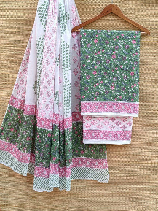 Hand Block Cotton Unstitched Salwar Suit With Cotton/Mulmul Dupatta - JBCM569