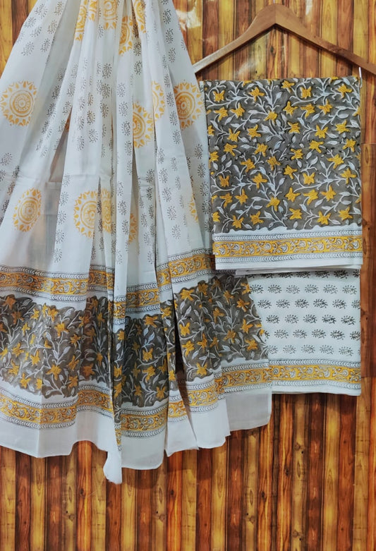 Hand Block Cotton Unstitched Salwar Suit With Cotton/Mulmul Dupatta - JBCM570
