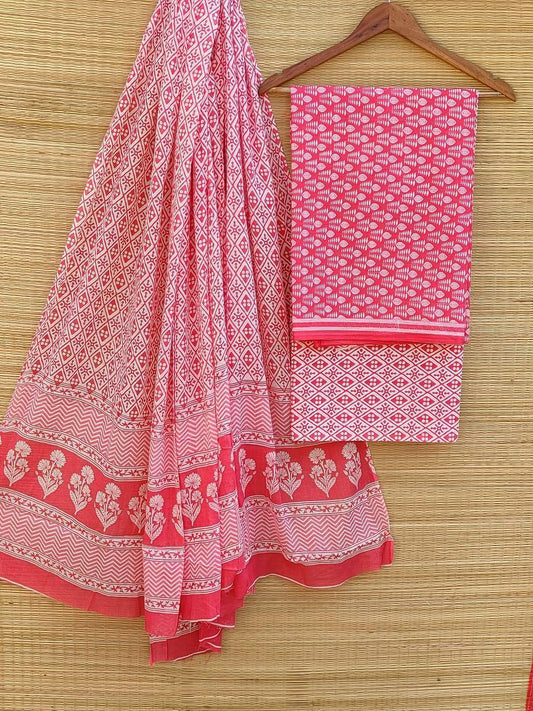 Hand Block Cotton Unstitched Salwar Suit With Cotton/Mulmul Dupatta - JBCM454